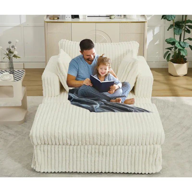 Chaise longue bege de grandes dimensões, estofada, de 47.8, com otomano