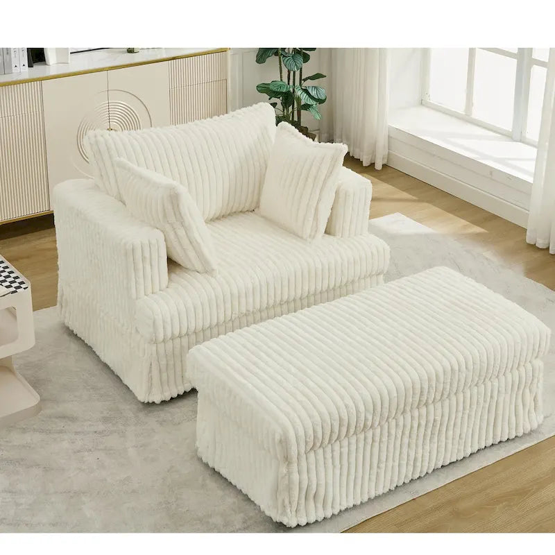 Chaise longue bege de grandes dimensões, estofada, de 47.8, com otomano