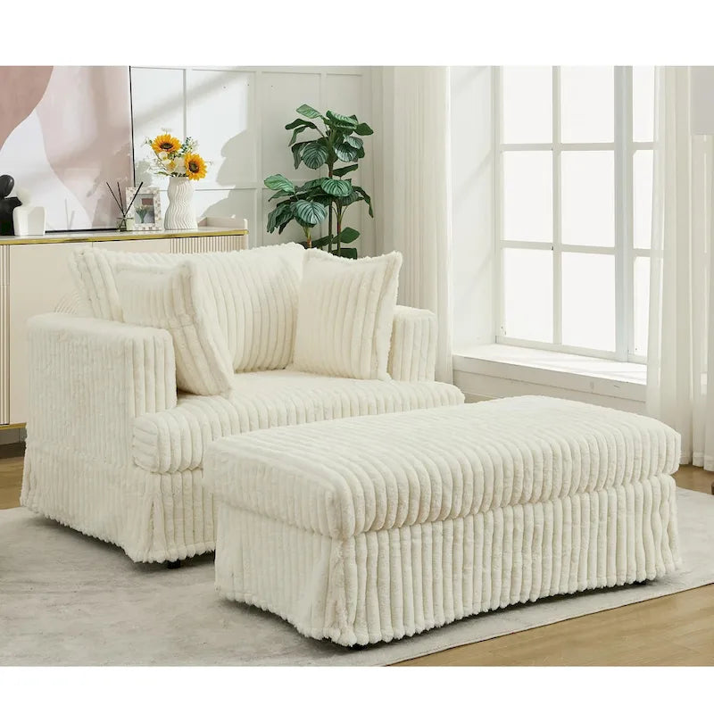 Chaise longue bege de grandes dimensões, estofada, de 47.8, com otomano