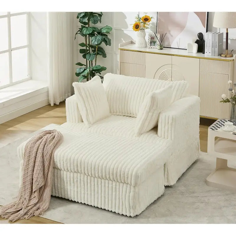 Chaise longue bege de grandes dimensões, estofada, de 47.8, com otomano