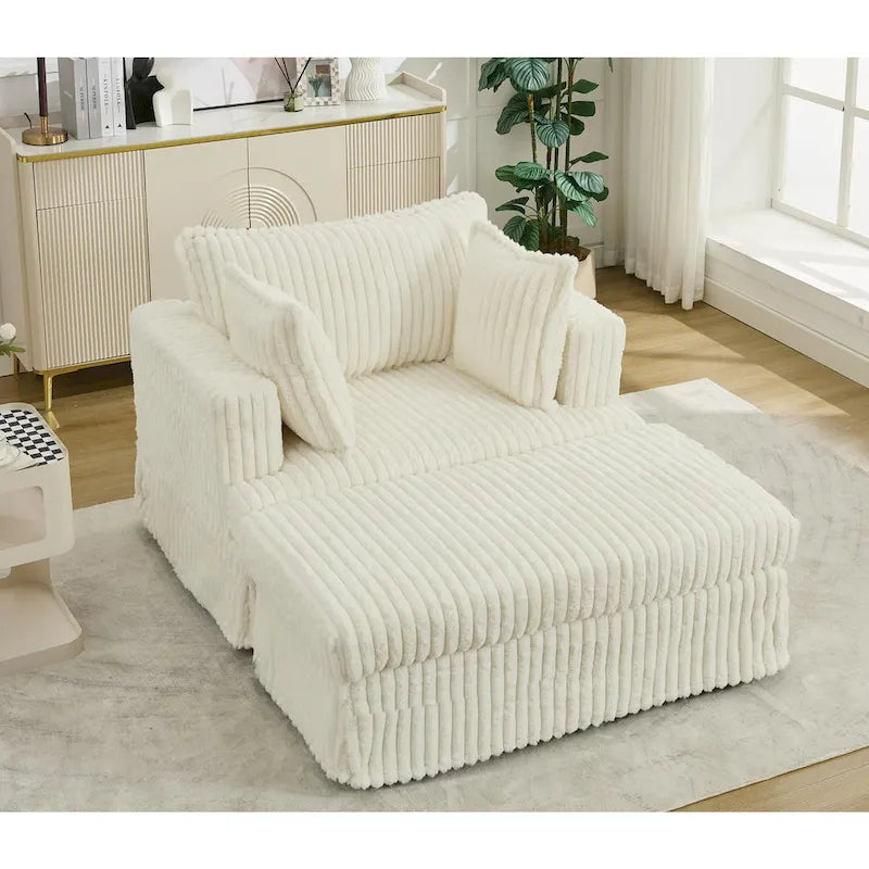 Chaise longue bege de grandes dimensões, estofada, de 47.8, com otomano