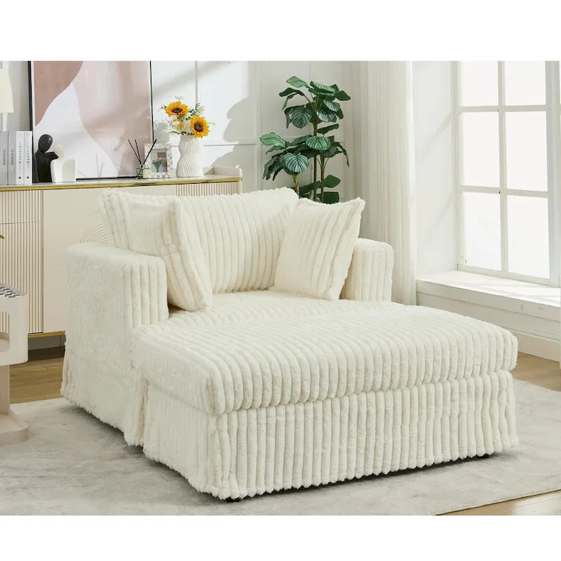 Chaise longue bege de grandes dimensões, estofada, de 47.8, com otomano