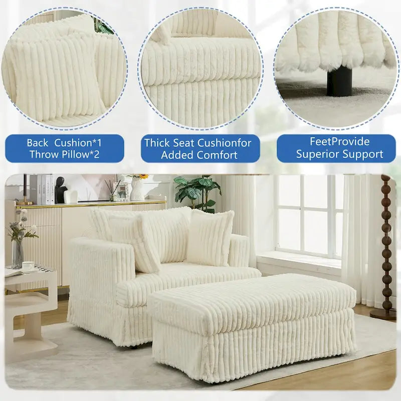 Chaise longue bege de grandes dimensões, estofada, de 47.8, com otomano