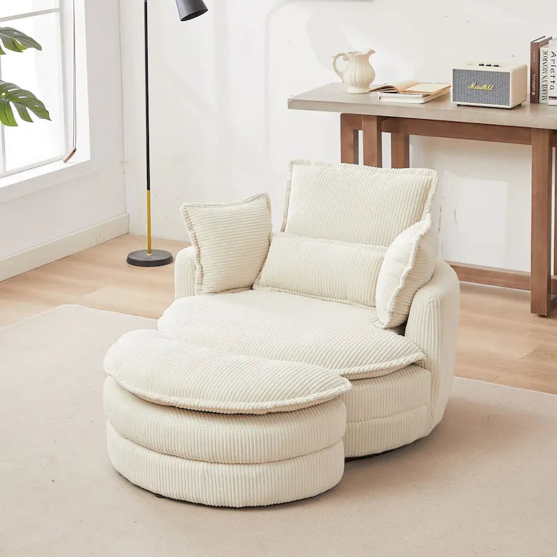 Beige 52 inch gestoffeerde draaibare kuipstoel met Moon-opbergpoef en kussens