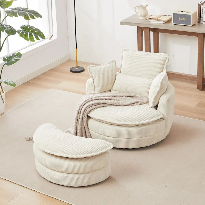 Beige 52 inch gestoffeerde draaibare kuipstoel met Moon-opbergpoef en kussens