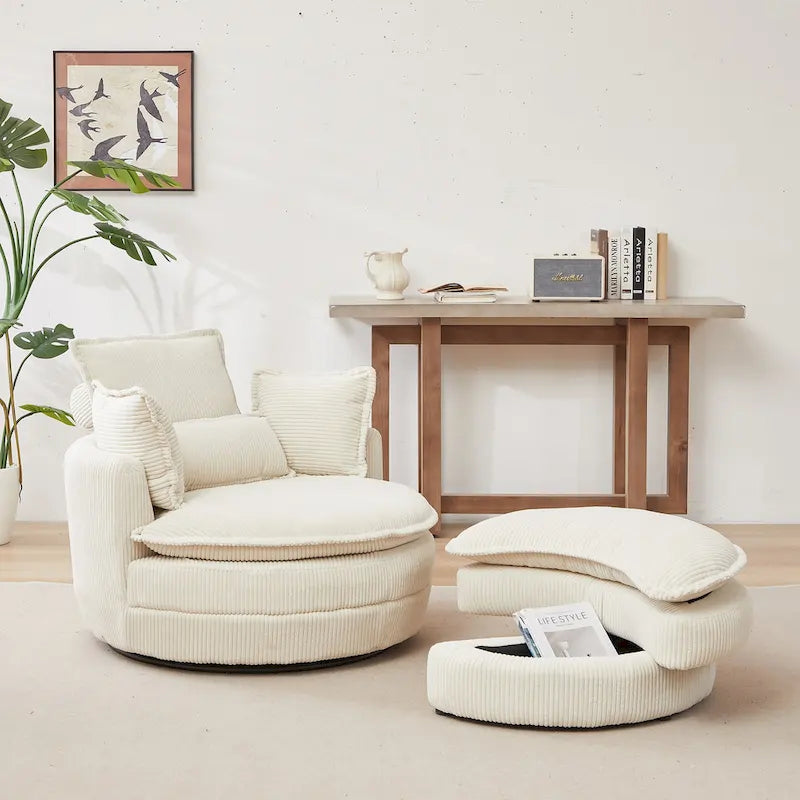 Beige 52 inch gestoffeerde draaibare kuipstoel met Moon-opbergpoef en kussens