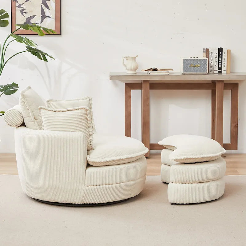 Beige 52 inch gestoffeerde draaibare kuipstoel met Moon-opbergpoef en kussens