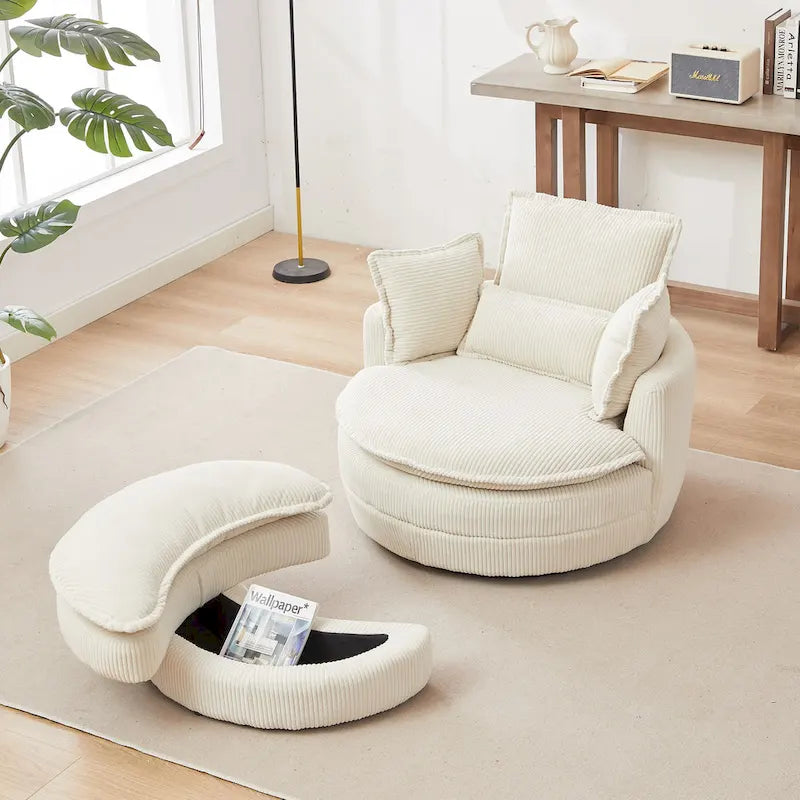 Beige 52 inch gestoffeerde draaibare kuipstoel met Moon-opbergpoef en kussens