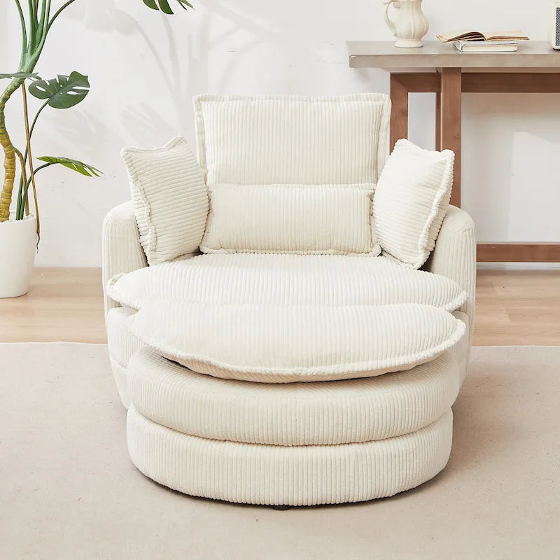 Beige 52 inch gestoffeerde draaibare kuipstoel met Moon-opbergpoef en kussens