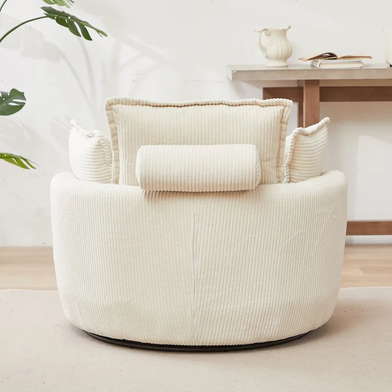 Beige 52 inch gestoffeerde draaibare kuipstoel met Moon-opbergpoef en kussens