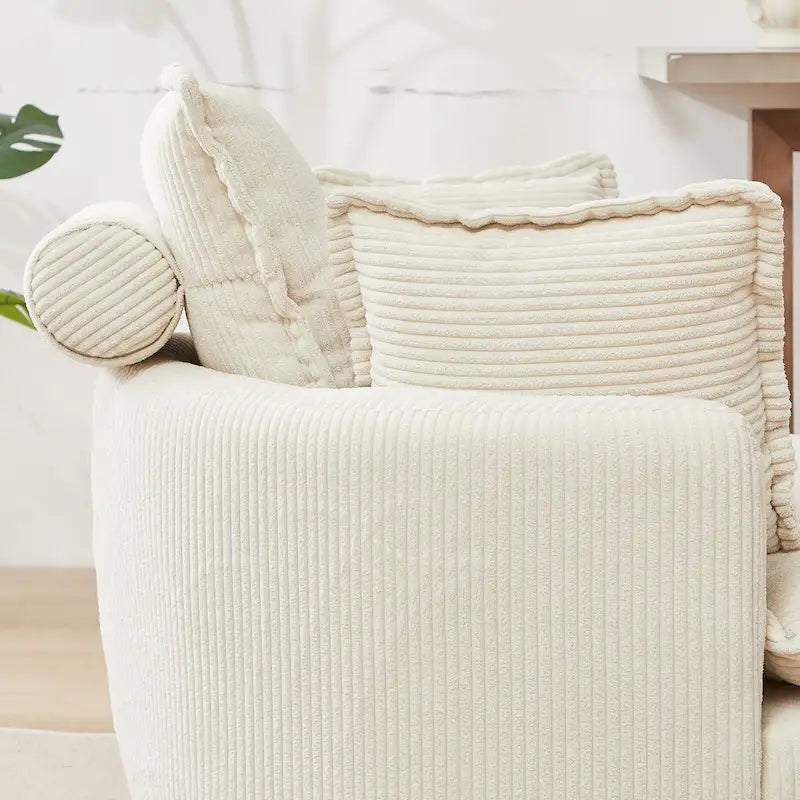 Beige 52 inch gestoffeerde draaibare kuipstoel met Moon-opbergpoef en kussens