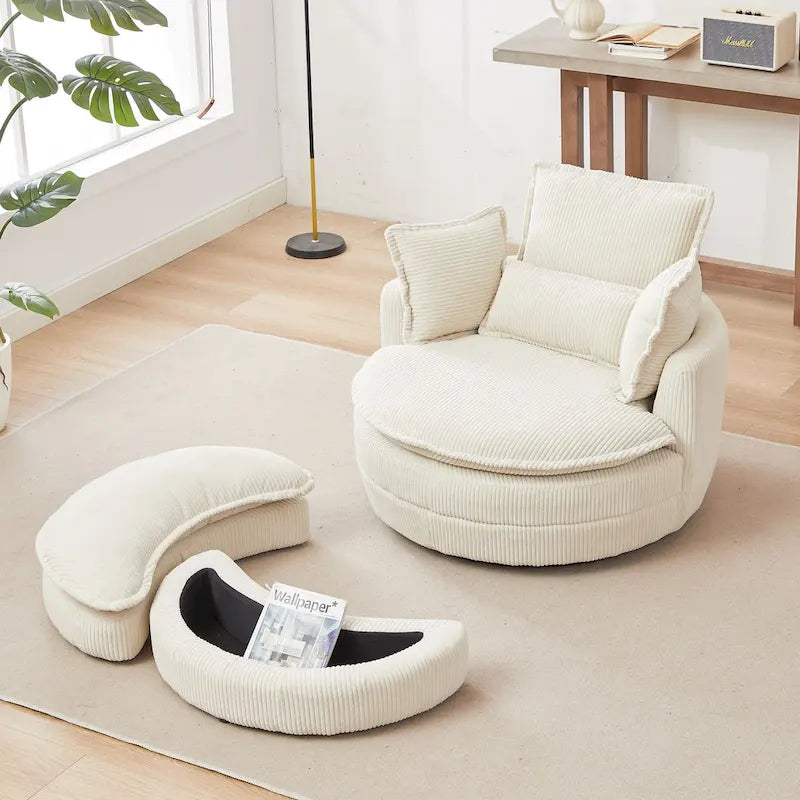 Beige 52 inch gestoffeerde draaibare kuipstoel met Moon-opbergpoef en kussens