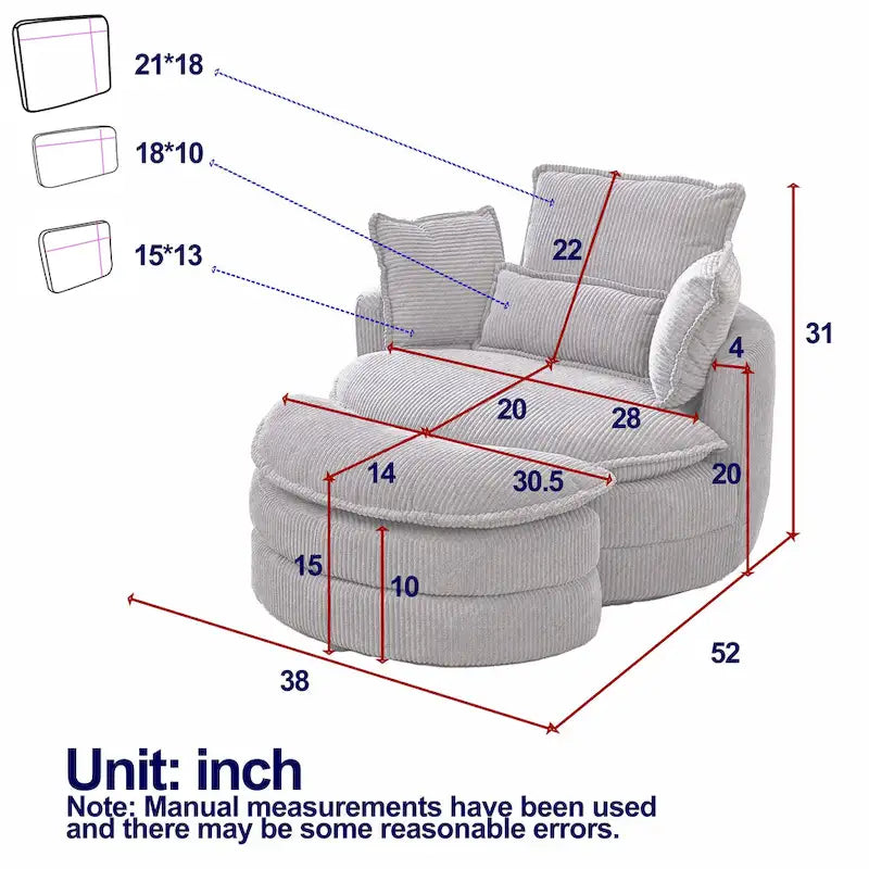 Beige 52 inch gestoffeerde draaibare kuipstoel met Moon-opbergpoef en kussens