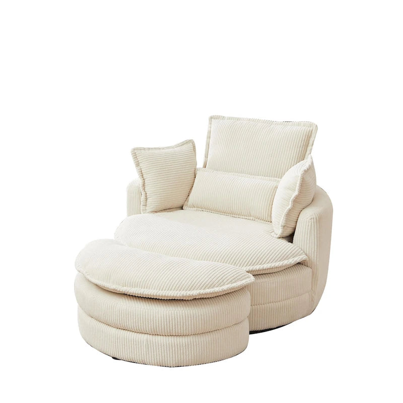 Beige 52 inch gestoffeerde draaibare kuipstoel met Moon-opbergpoef en kussens