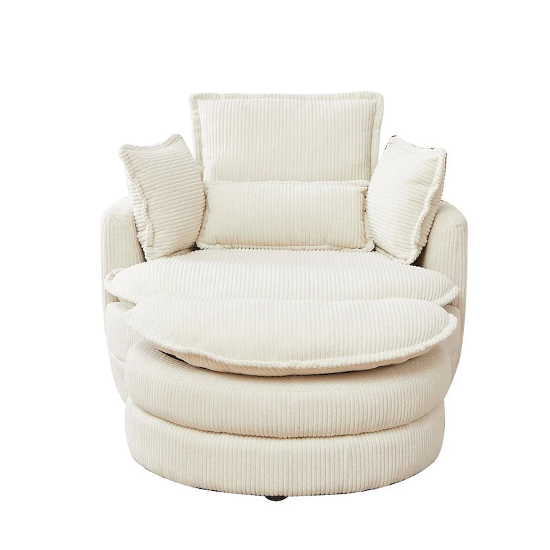Beige 52 inch gestoffeerde draaibare kuipstoel met Moon-opbergpoef en kussens