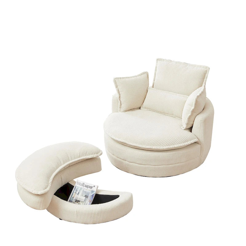Beige 52 inch gestoffeerde draaibare kuipstoel met Moon-opbergpoef en kussens