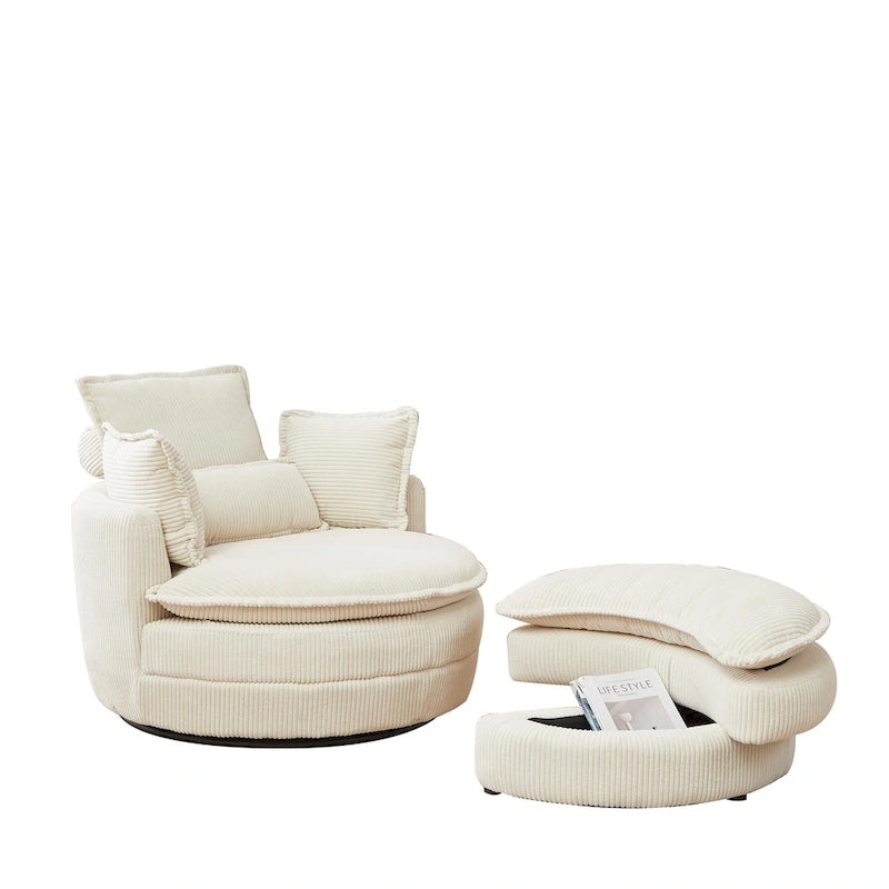 Beige 52 inch gestoffeerde draaibare kuipstoel met Moon-opbergpoef en kussens