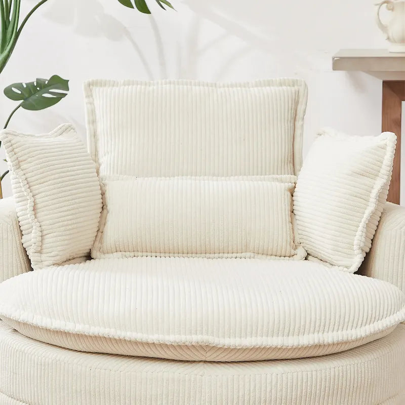 Beige 52 inch gestoffeerde draaibare kuipstoel met Moon-opbergpoef en kussens