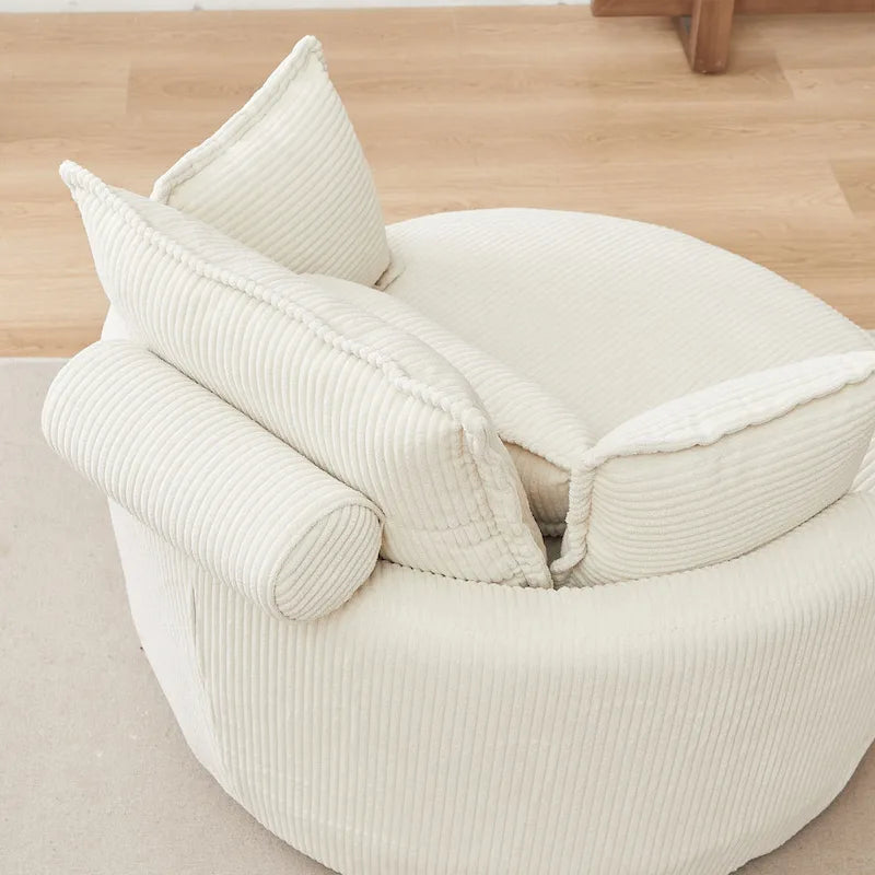 Beige 52 inch gestoffeerde draaibare kuipstoel met Moon-opbergpoef en kussens