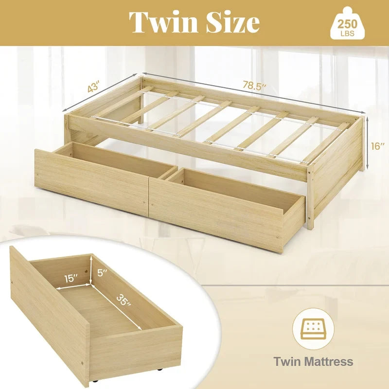 Kapitánská postel Twin se 2 zásuvkami, roštem a podpěrou, denní postel Twin