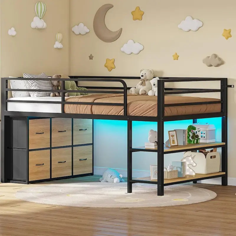 Niedriges Twin-Hochbett mit 6 Stoffschubladen und LED-Leuchten