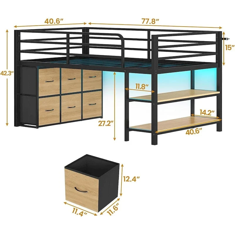 Niedriges Twin-Hochbett mit 6 Stoffschubladen und LED-Leuchten
