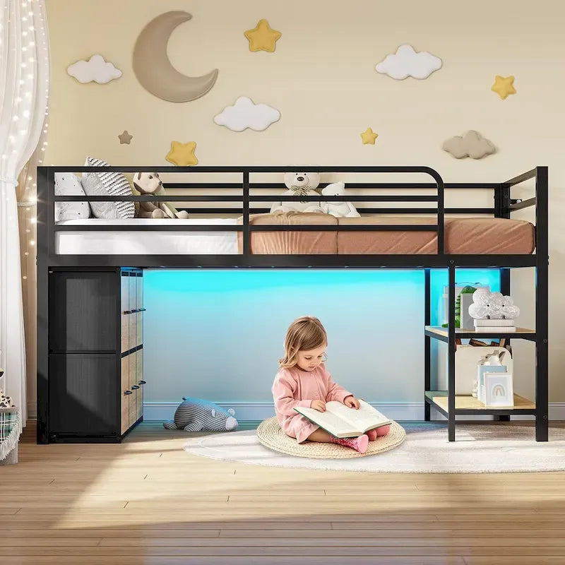 Niedriges Twin-Hochbett mit 6 Stoffschubladen und LED-Leuchten