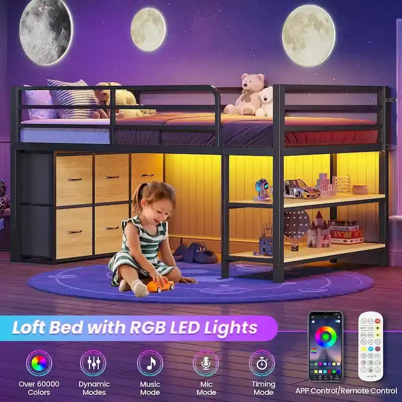 Niedriges Twin-Hochbett mit 6 Stoffschubladen und LED-Leuchten