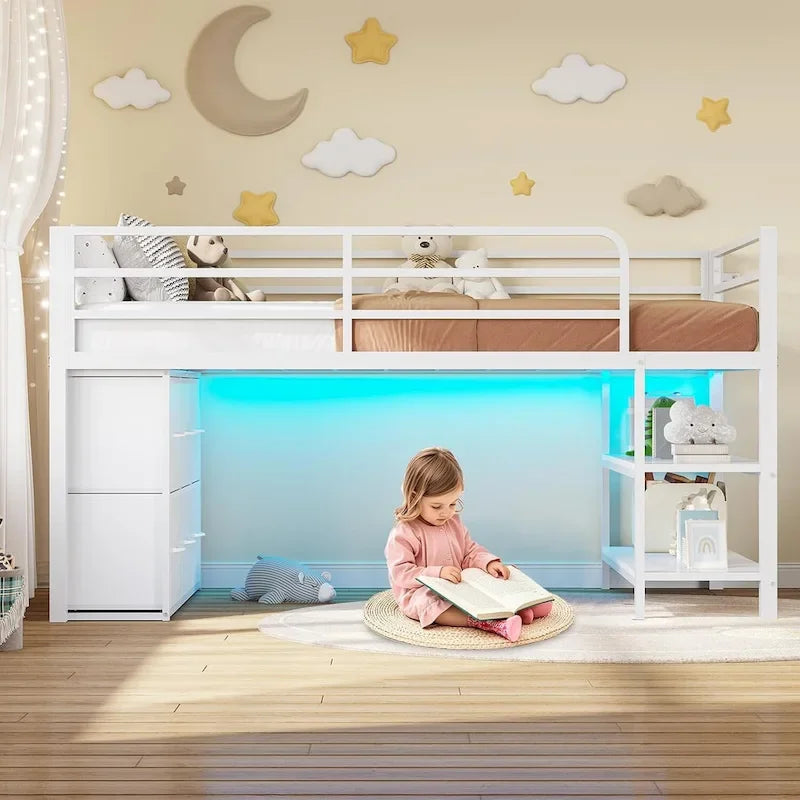 Twin Size Low Loft Bed with 6 Fabric Storage Drawers LED Lights
