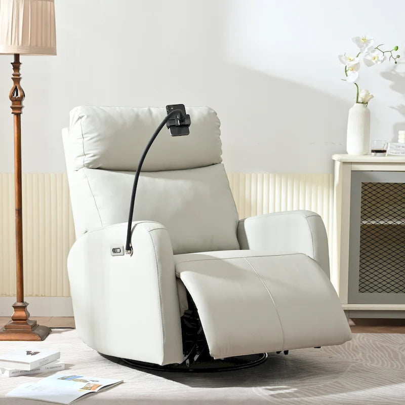 Grauer elektrischer Relaxsessel mit Drehfunktion, USB-Anschlüssen und verstellbarer Fußstütze