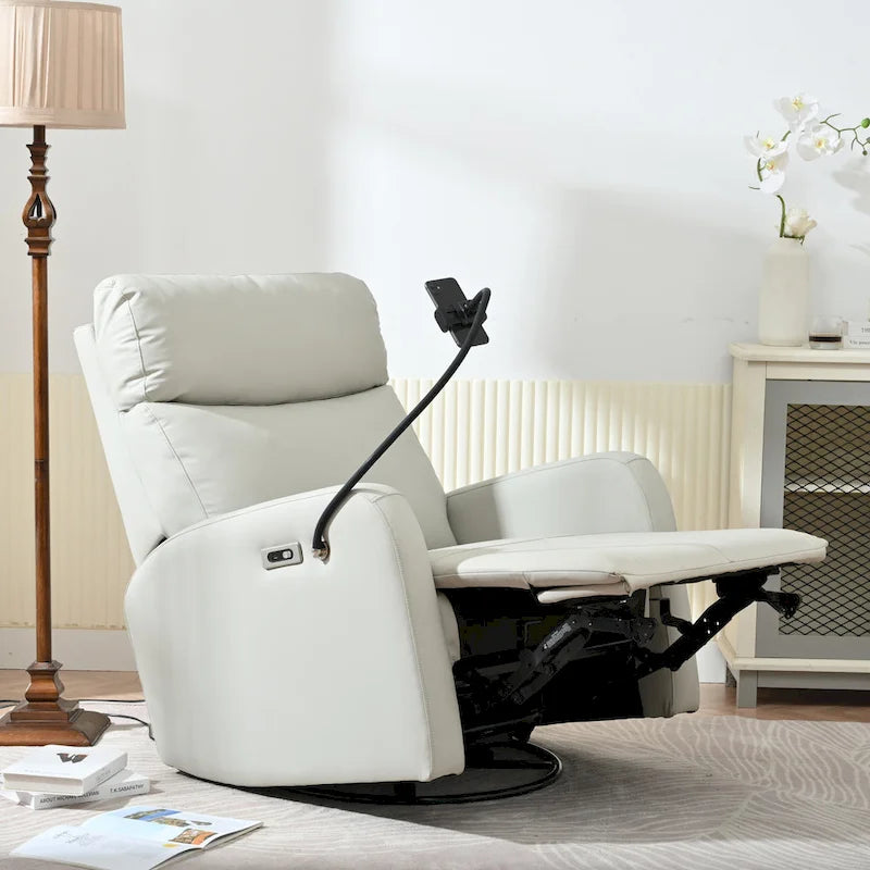 Grauer elektrischer Relaxsessel mit Drehfunktion, USB-Anschlüssen und verstellbarer Fußstütze