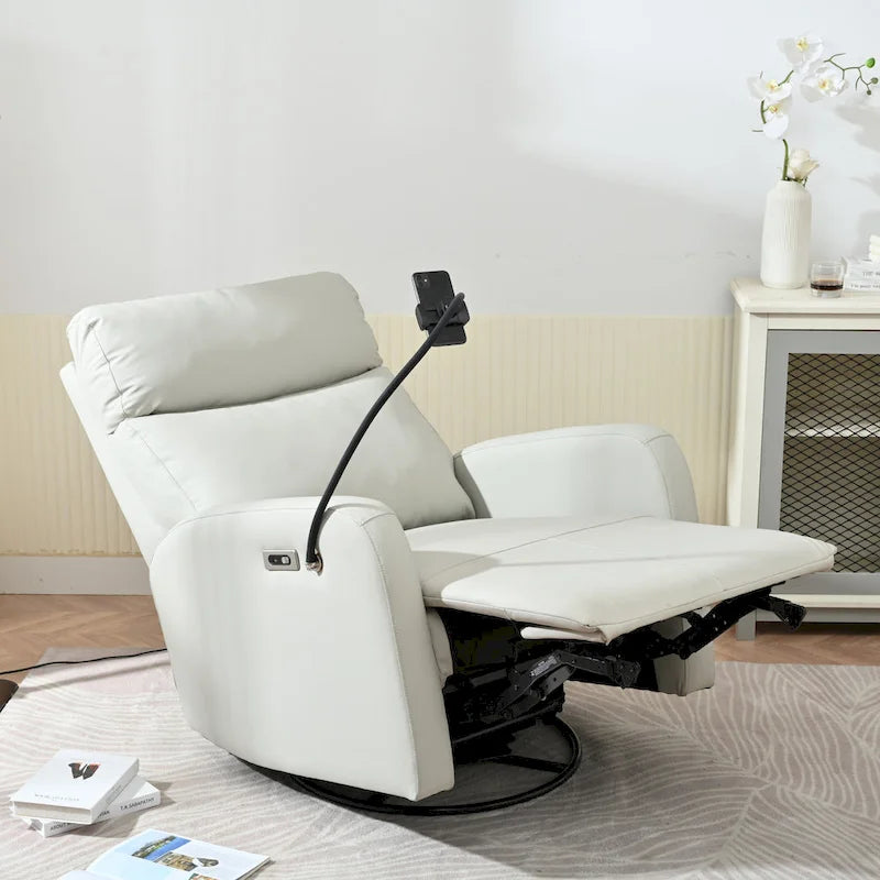 Grauer elektrischer Relaxsessel mit Drehfunktion, USB-Anschlüssen und verstellbarer Fußstütze