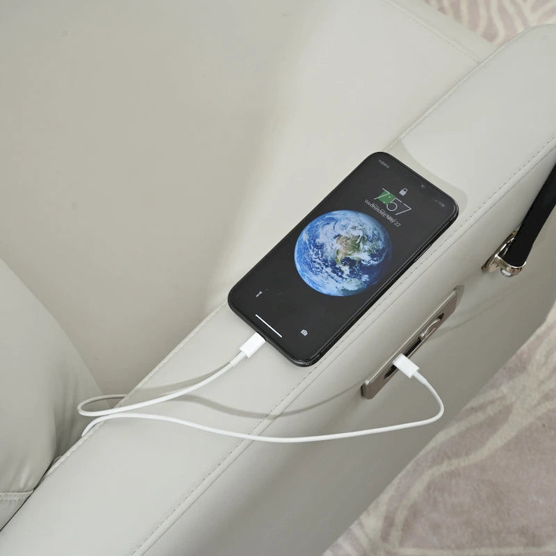 Grauer elektrischer Relaxsessel mit Drehfunktion, USB-Anschlüssen und verstellbarer Fußstütze