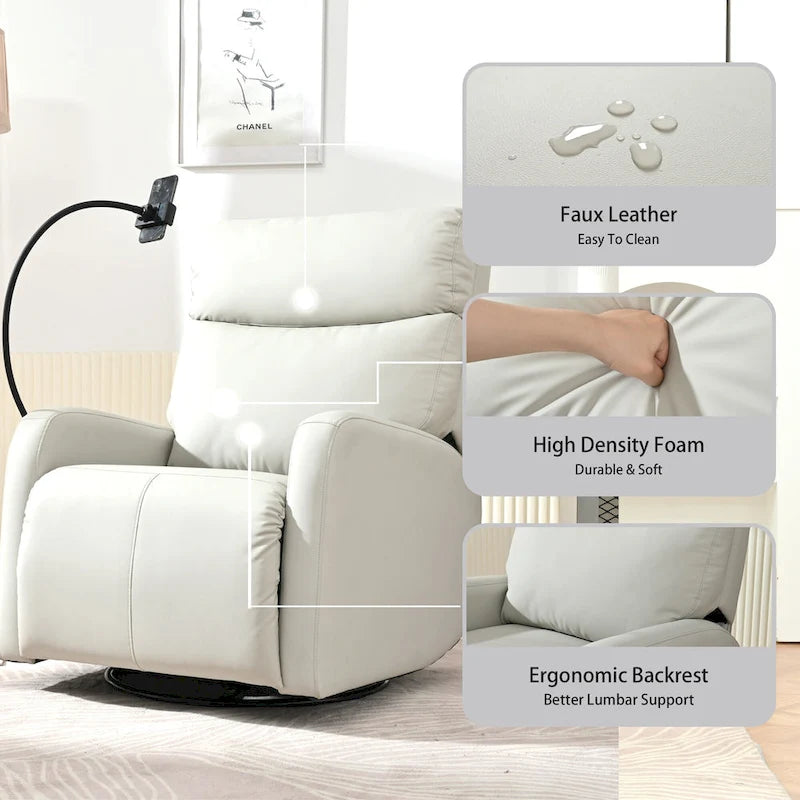 Grauer elektrischer Relaxsessel mit Drehfunktion, USB-Anschlüssen und verstellbarer Fußstütze