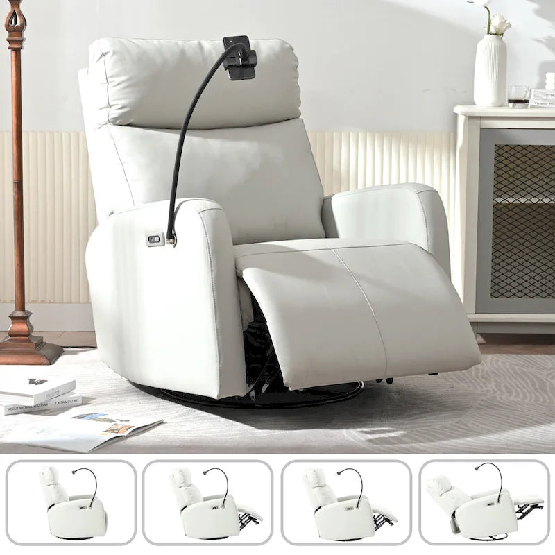 Grauer elektrischer Relaxsessel mit Drehfunktion, USB-Anschlüssen und verstellbarer Fußstütze