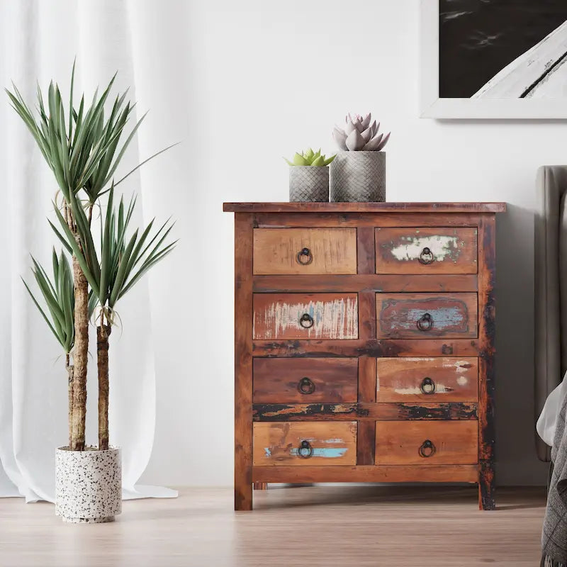 32 Zoll breite Kommode aus Altholz mit 8 Schubladen