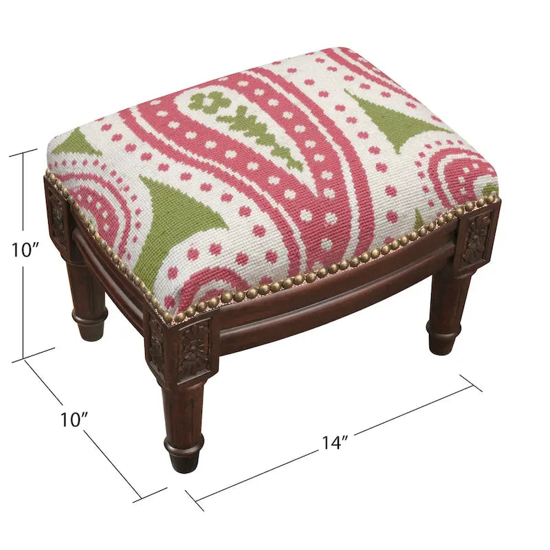 Banqueta para os pés bordada em ponto de agulha com padrão paisley cor-de-rosa e verde