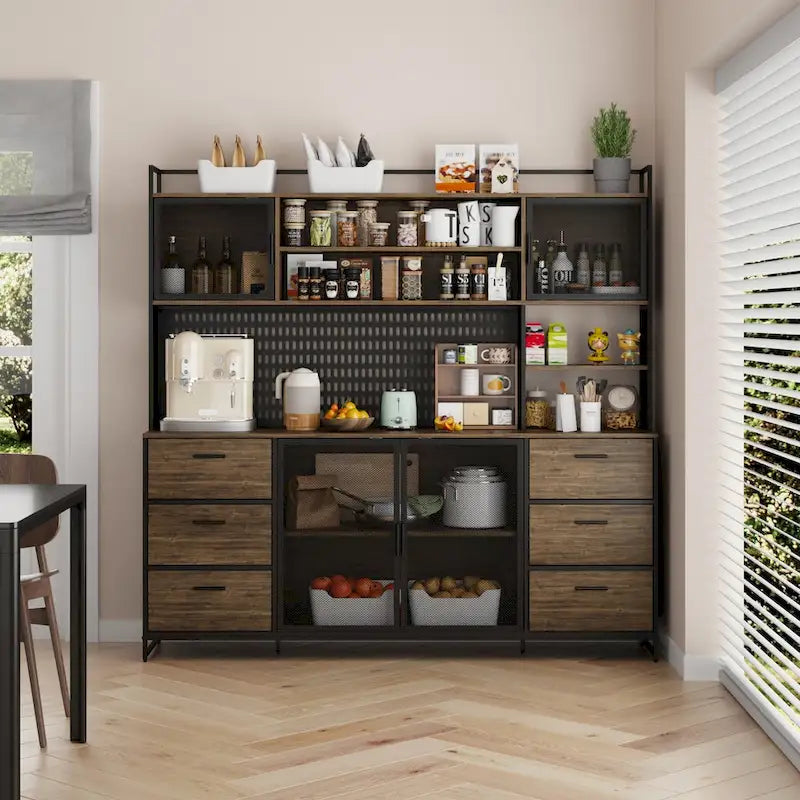 Großer Küchen-Hochschrank, Vorratsschrank mit Metalltüren, 6 Schubladen und Regalen - 70.9W