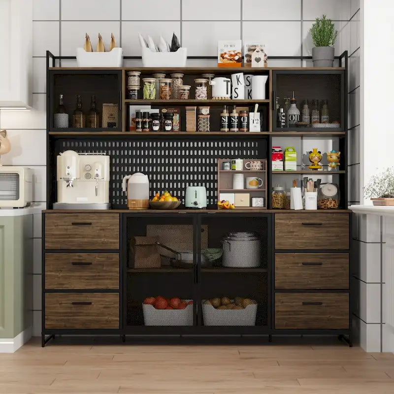 Großer Küchen-Hochschrank, Vorratsschrank mit Metalltüren, 6 Schubladen und Regalen - 70.9W