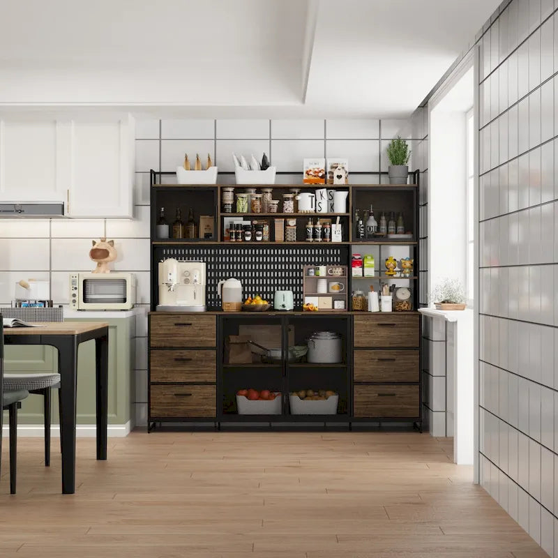 Großer Küchen-Hochschrank, Vorratsschrank mit Metalltüren, 6 Schubladen und Regalen - 70.9W