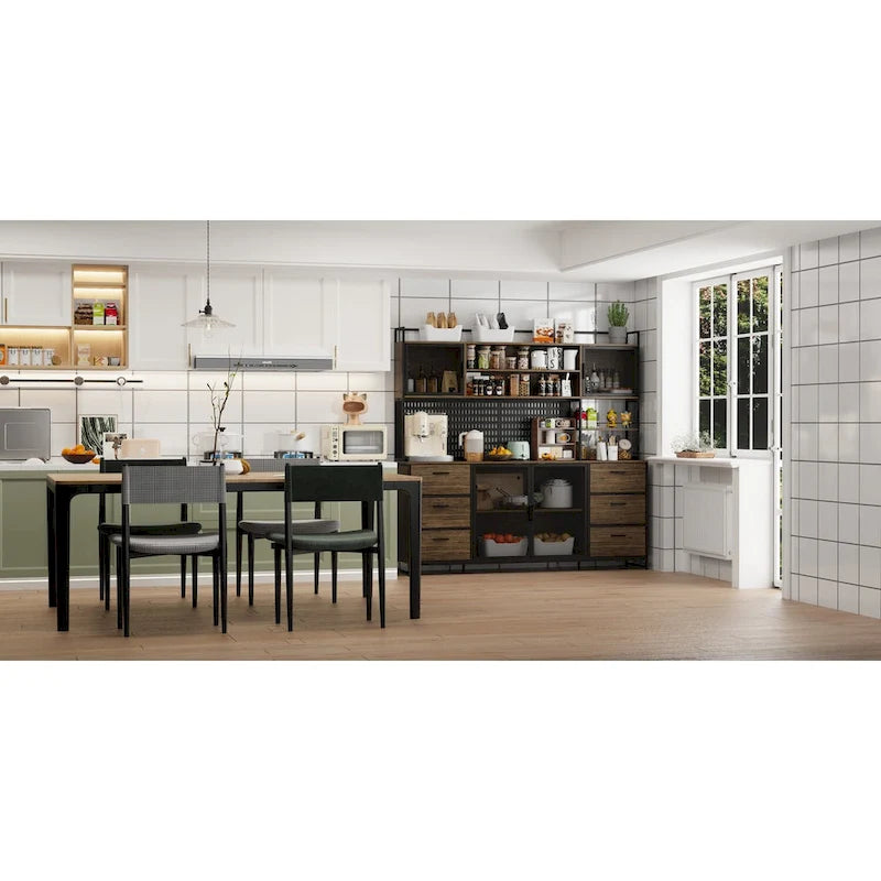 Großer Küchen-Hochschrank, Vorratsschrank mit Metalltüren, 6 Schubladen und Regalen - 70.9W