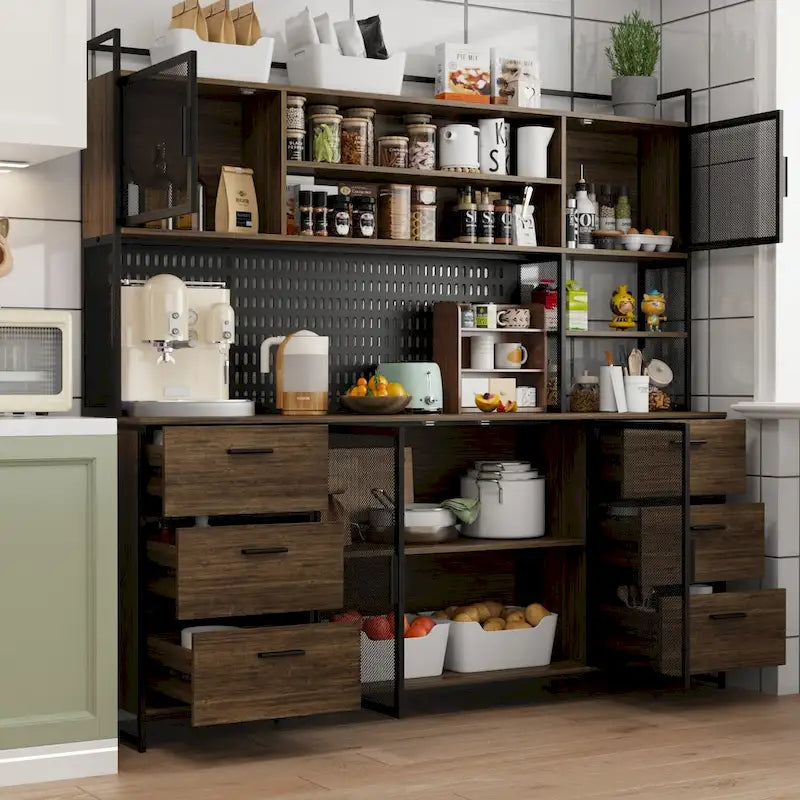 Großer Küchen-Hochschrank, Vorratsschrank mit Metalltüren, 6 Schubladen und Regalen - 70.9W