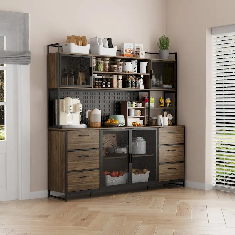 Großer Küchen-Hochschrank, Vorratsschrank mit Metalltüren, 6 Schubladen und Regalen - 70.9W