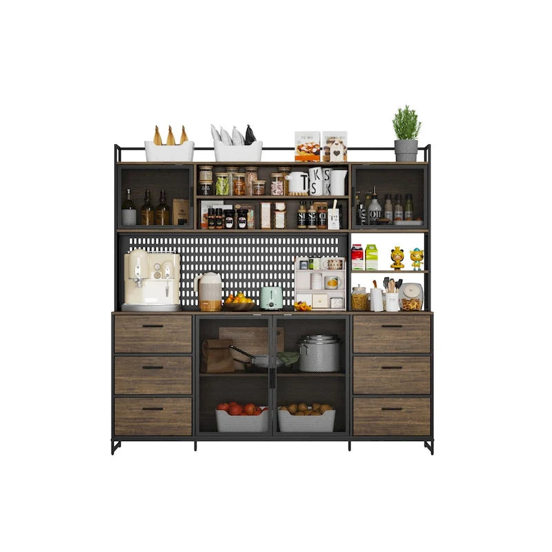 Großer Küchen-Hochschrank, Vorratsschrank mit Metalltüren, 6 Schubladen und Regalen - 70.9W