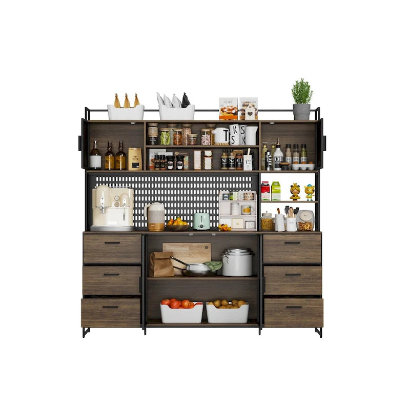 Großer Küchen-Hochschrank, Vorratsschrank mit Metalltüren, 6 Schubladen und Regalen - 70.9W