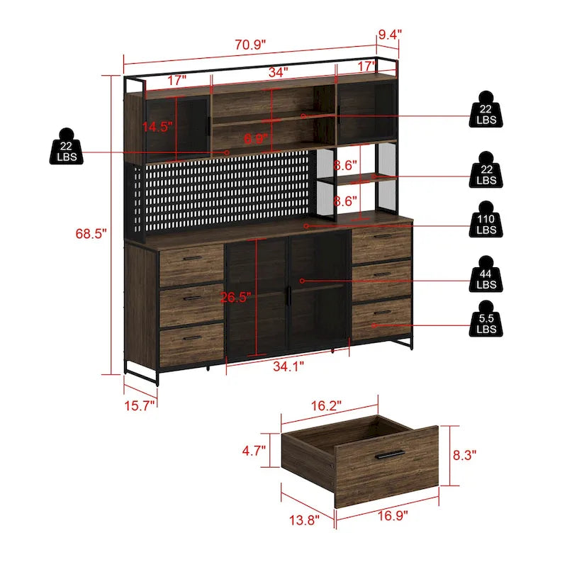 Großer Küchen-Hochschrank, Vorratsschrank mit Metalltüren, 6 Schubladen und Regalen - 70.9W