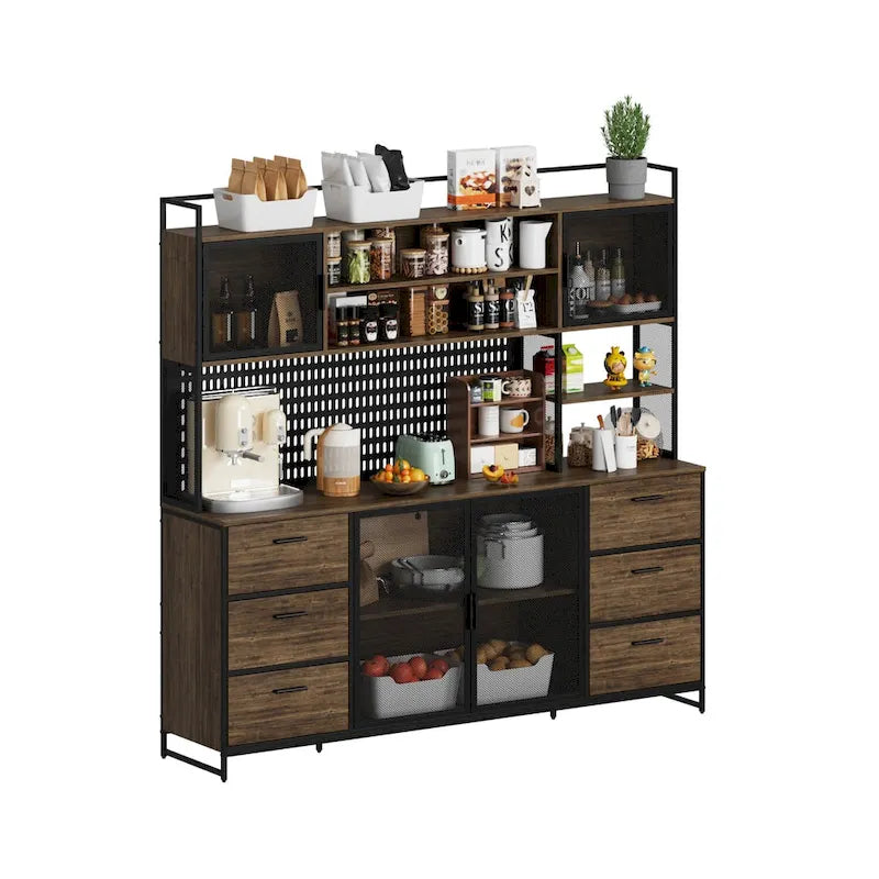 Großer Küchen-Hochschrank, Vorratsschrank mit Metalltüren, 6 Schubladen und Regalen - 70.9W