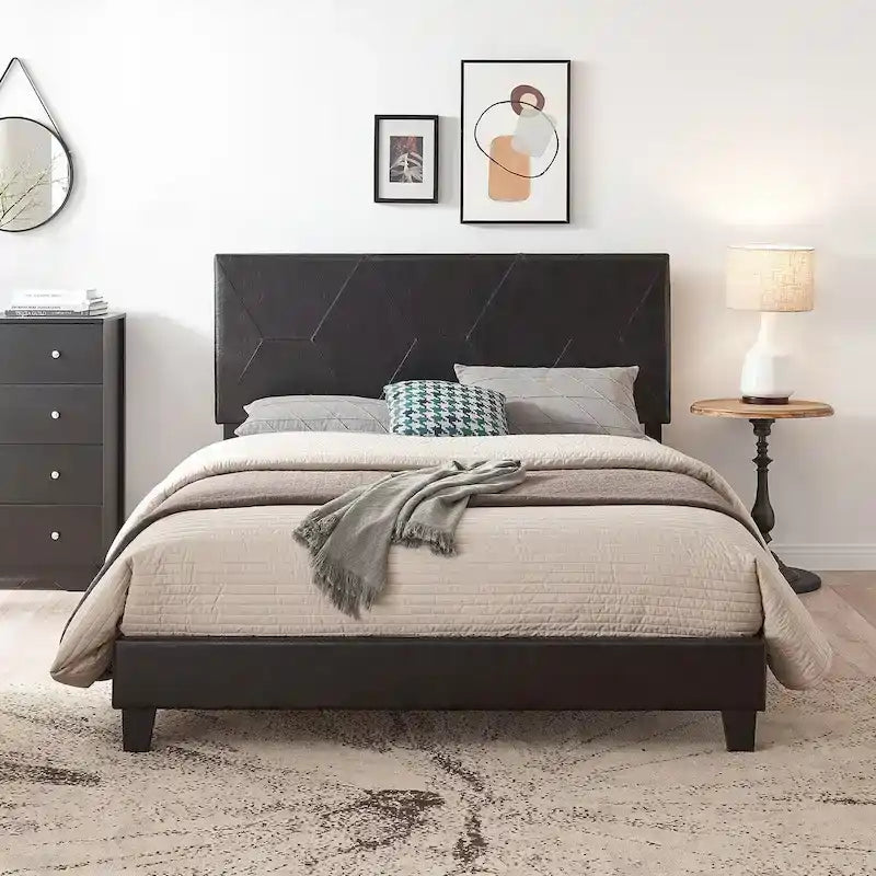 Gepolsterter Plattformbettrahmen in Queen Size, Holzlattenrost, einfache Montage, Schwarz, PU