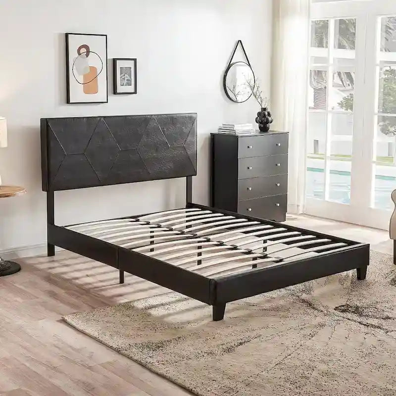 Gepolsterter Plattformbettrahmen in Queen Size, Holzlattenrost, einfache Montage, Schwarz, PU