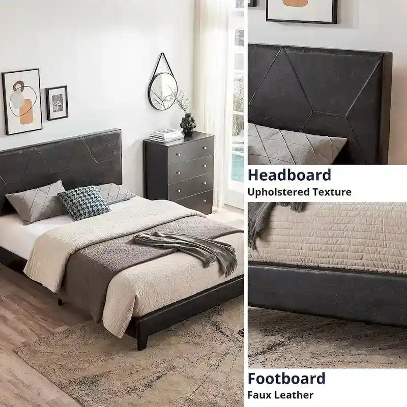 Gepolsterter Plattformbettrahmen in Queen Size, Holzlattenrost, einfache Montage, Schwarz, PU